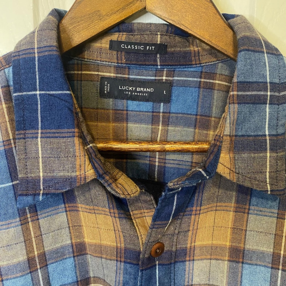 Lucky Brand Mens Large Classic Fit Plaid Button Down Shirt Blue Brown Cotton - Picture 2 of 4